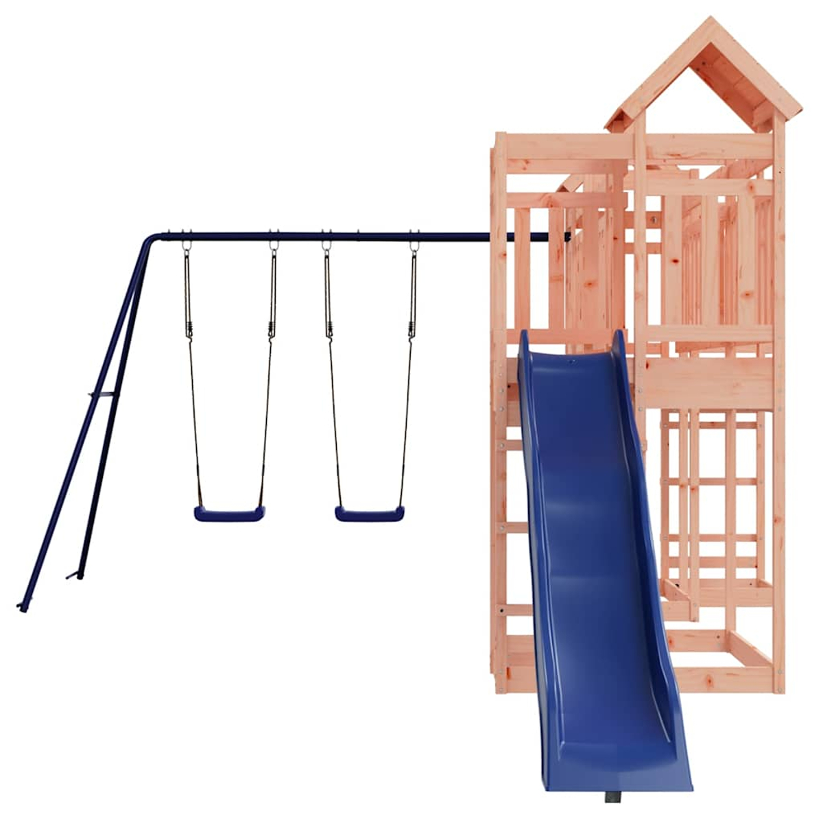 Eine Holzspielstruktur mit einer blauen Rutsche und zwei blauen Schaukeln auf weißem Grund.
