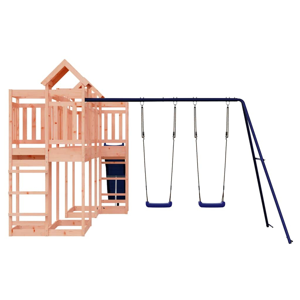 Holzspielhaus mit zwei Schaukeln und einer Rutsche