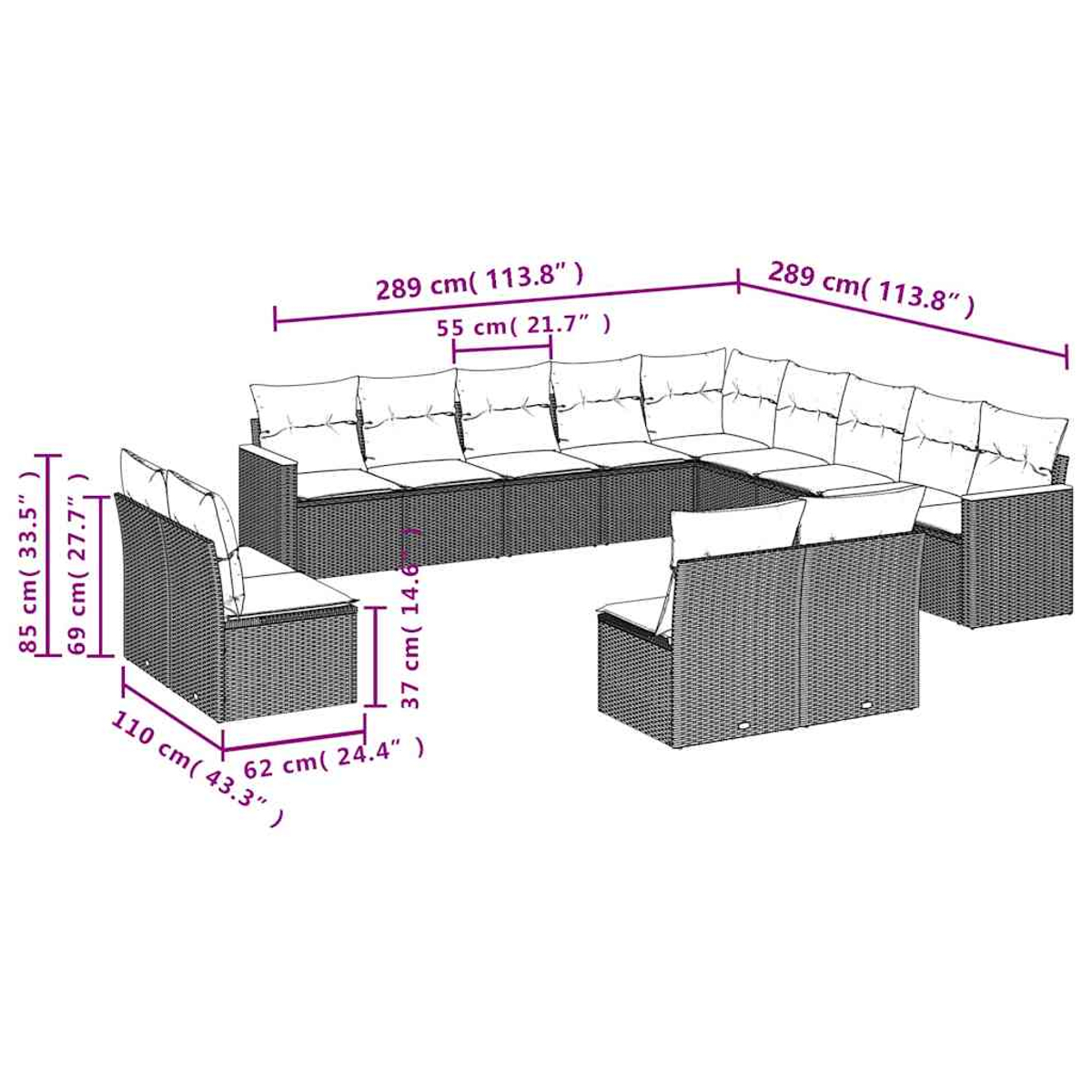 Diagramm eines modularen Sofas für den Außenbereich mit Maßen. Grauer Rattan mit weißen Kissen.