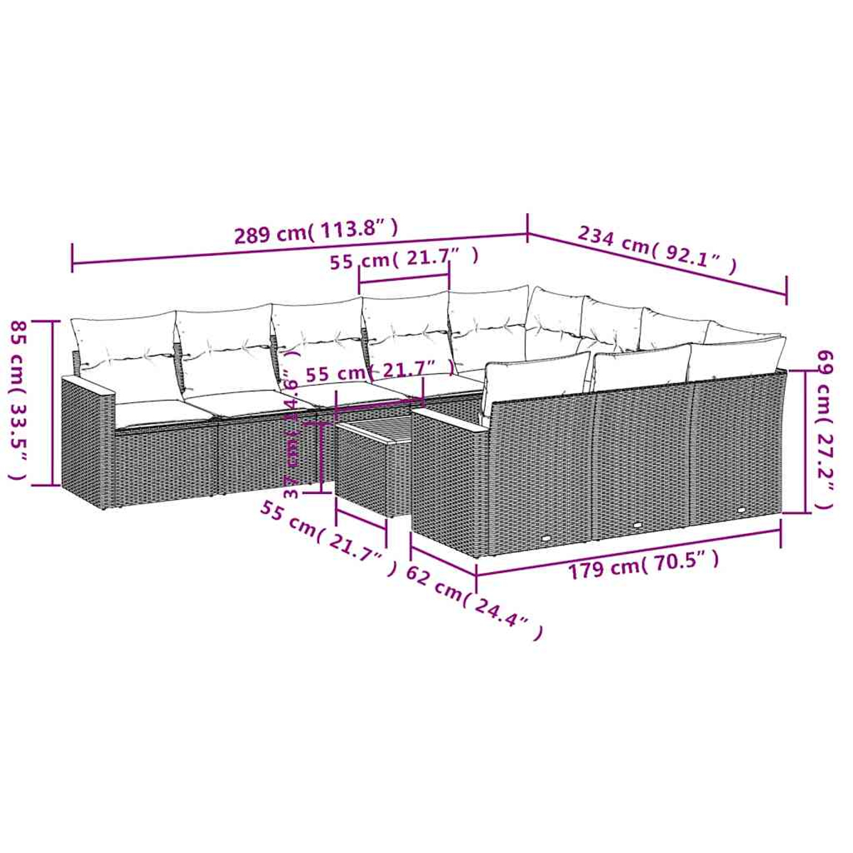 Ein modulares Rattan-Sofa mit weißen Kissen. Maße sind angegeben.