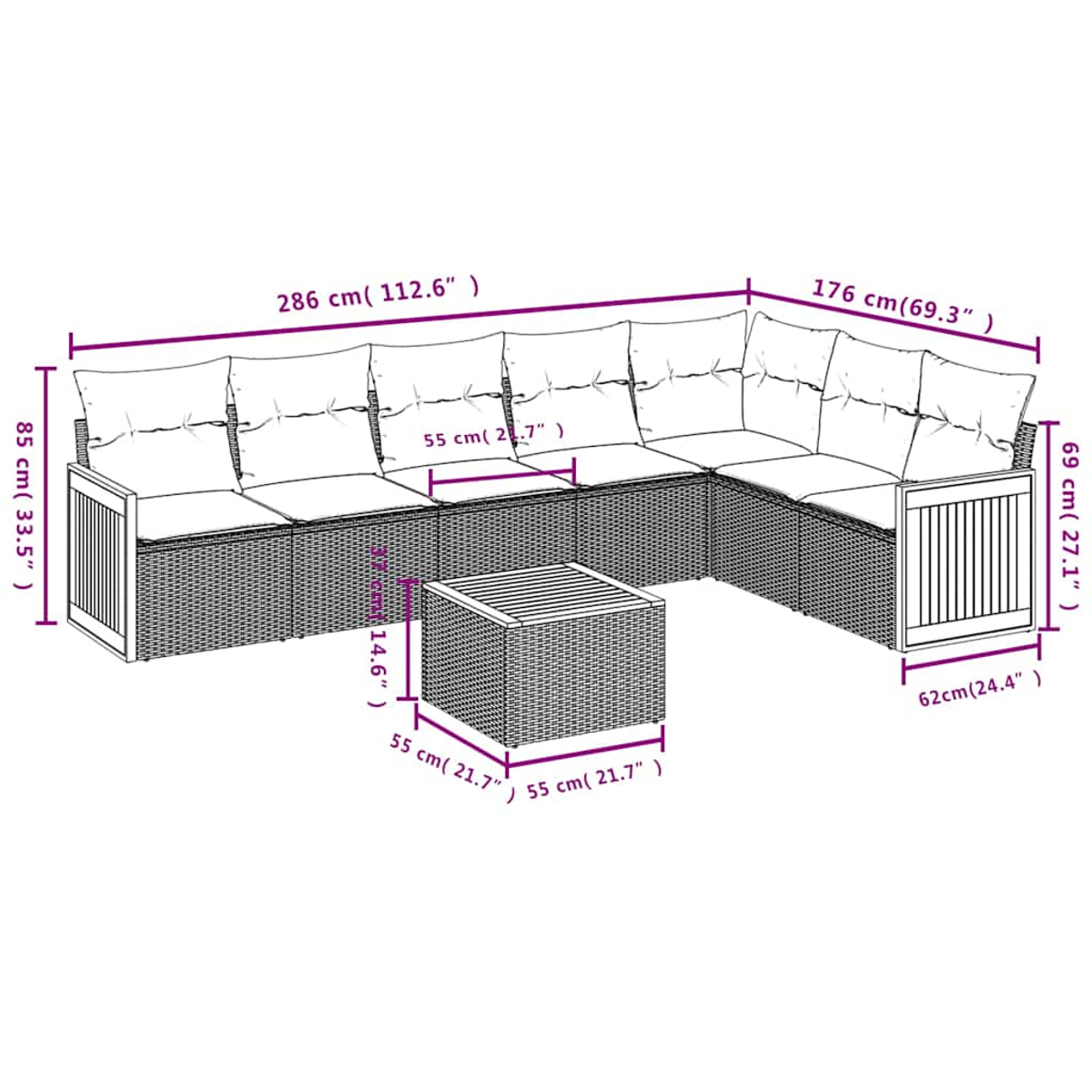 Ein modulbares Outdoor-Sofa mit Tisch. Maße: 286x176cm, H:85cm.