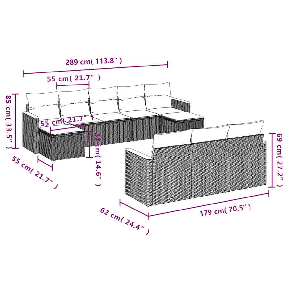 Ein modulares Rattan-Sofa mit weißen Kissen, mit Maßen.