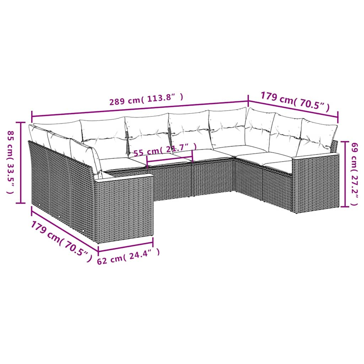 U-förmiges Outdoor-Sofa mit weißen Kissen, Maße angegeben.