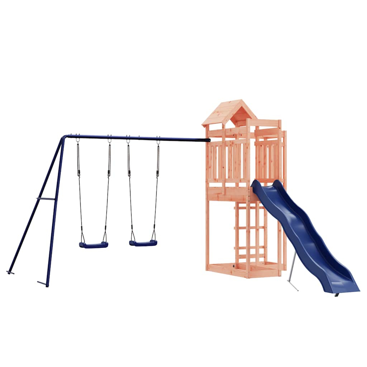 Ein Holzspielturm mit zwei blauen Schaukelsitzen und einer blauen Rutsche.
