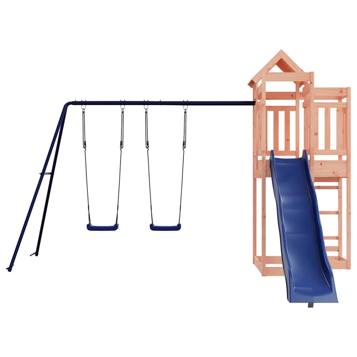Ein Spielgerüst mit Schaukeln und einer blauen Rutsche aus Holz.