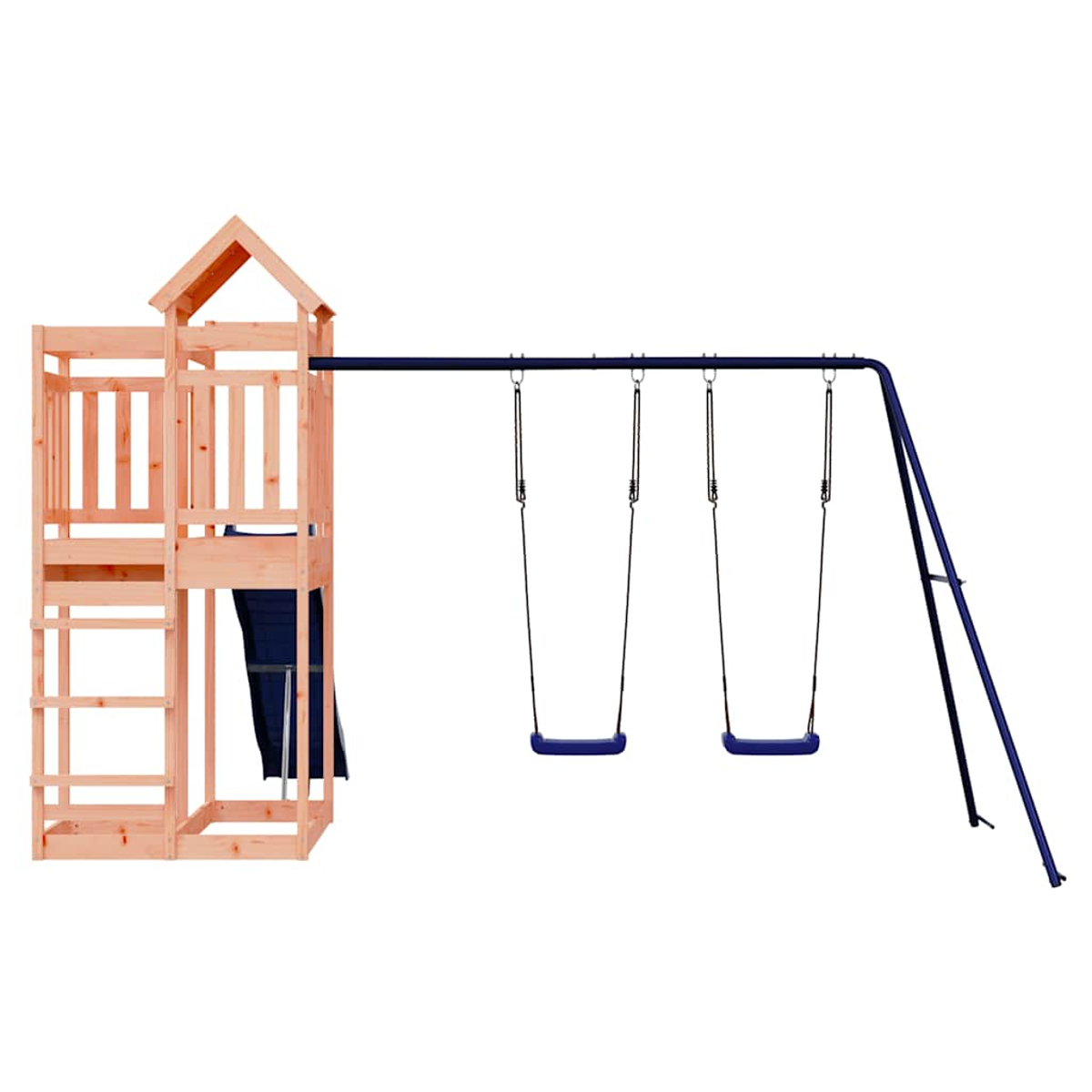 Ein hölzerner Spielturm mit Leiter und einer blauen Schaukelgarnitur.