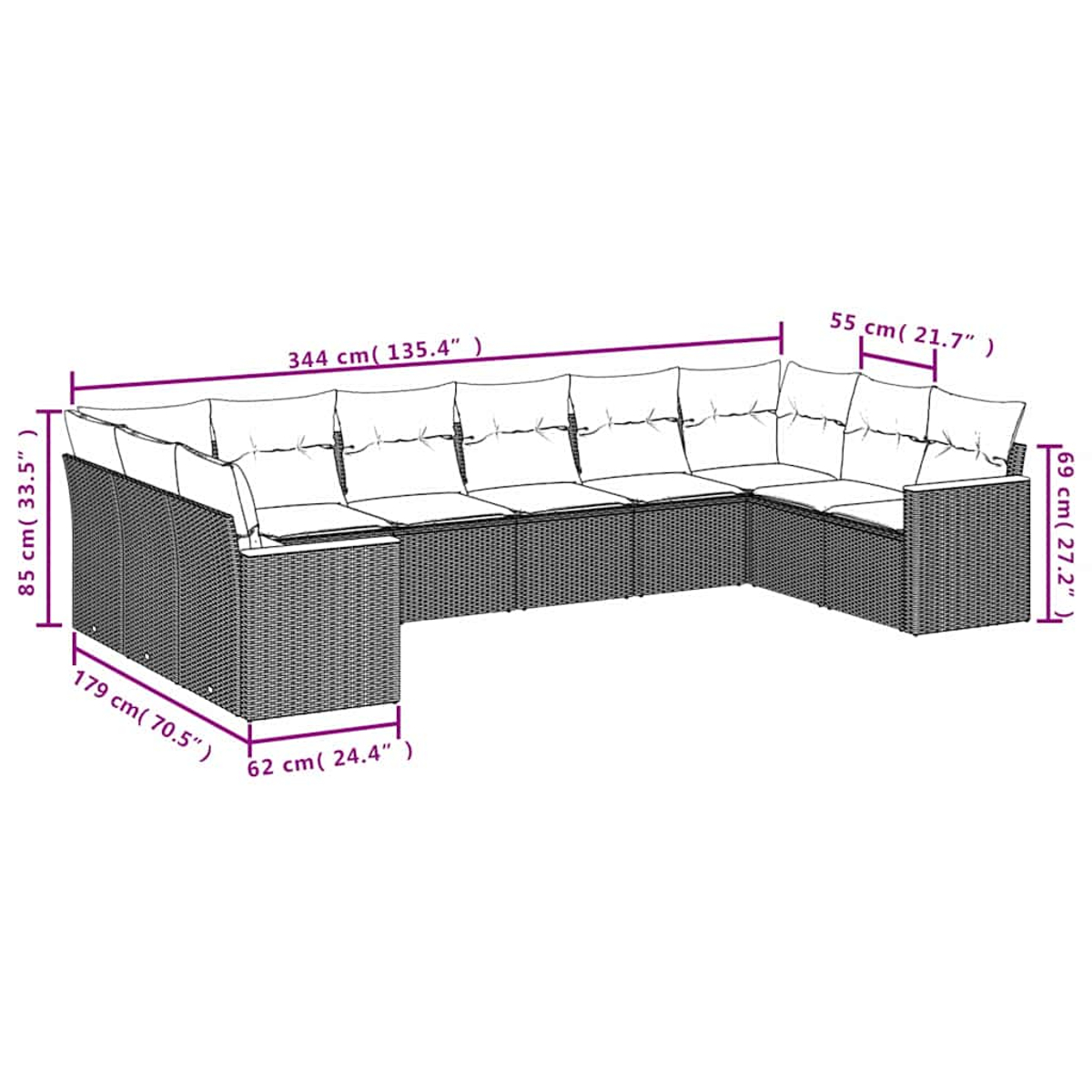 U-förmiges Outdoor-Sofa mit weißen Kissen. Maße beschriftet.