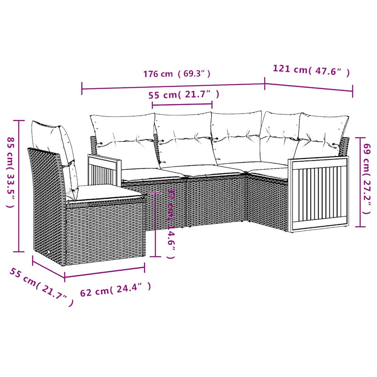 Skizze eines modularen wicker Lounge-Sets mit Maßen.
