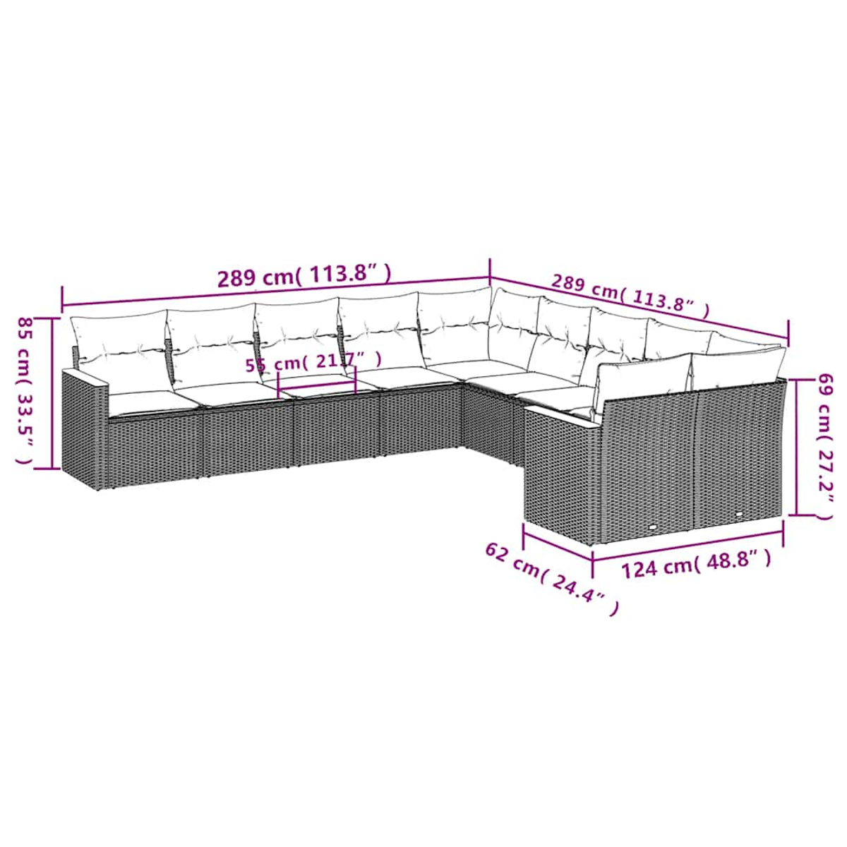Diagramm eines Eck-Außensofas mit Maßen in cm und Zoll.