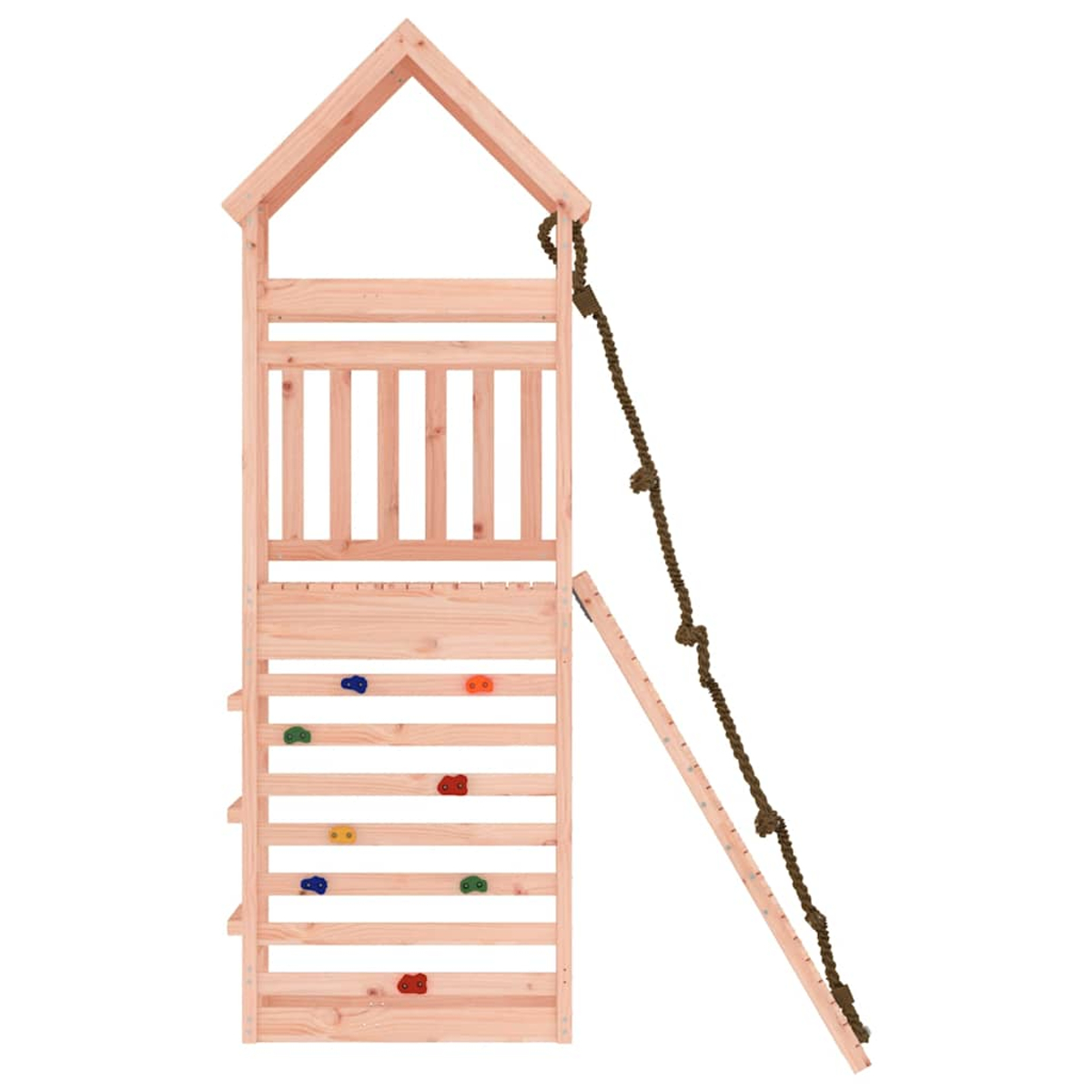 Ein hölzerner Spielturm mit Kletterwand, Sprossen und Seil.
