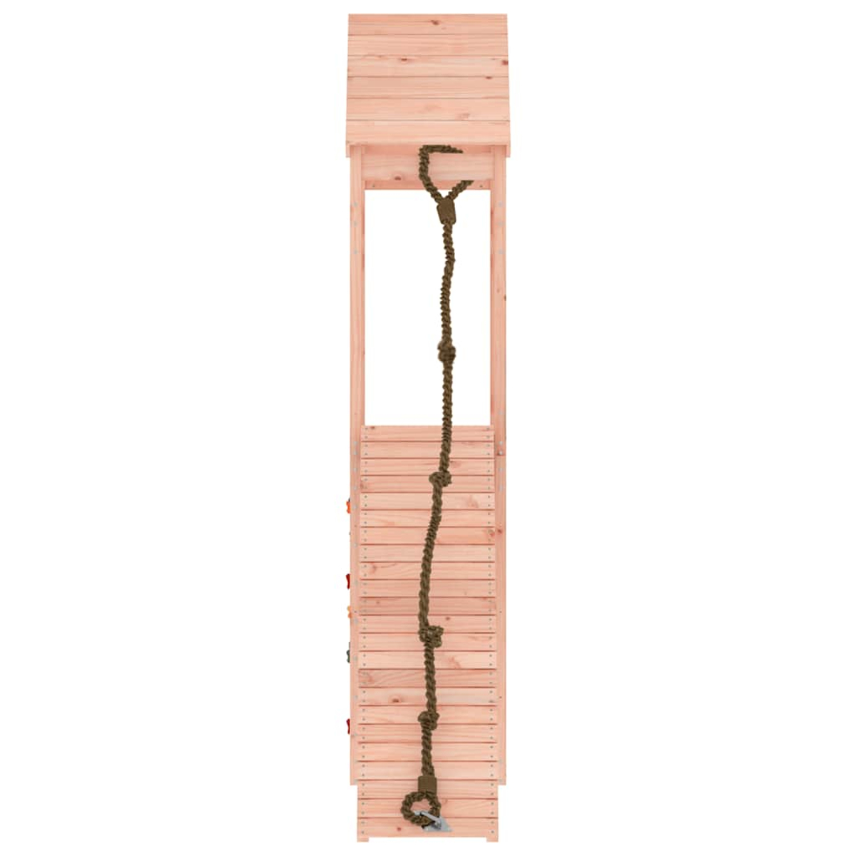 Holzspielgerüst mit Seil und Leiterstufe. Weißer Hintergrund.