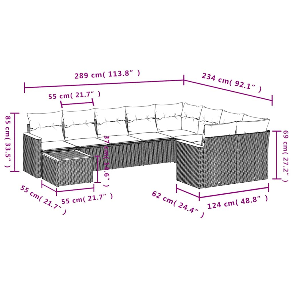 Graues Rattan-Ecksofa mit Maßen und weißen Kissen.