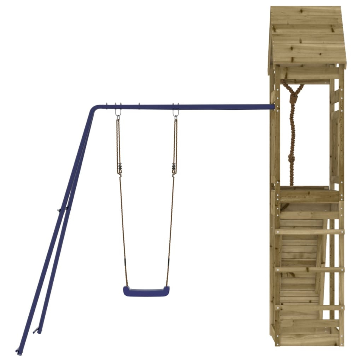 Holzspielhaus mit blauer Schaukel, Seilleiter.
