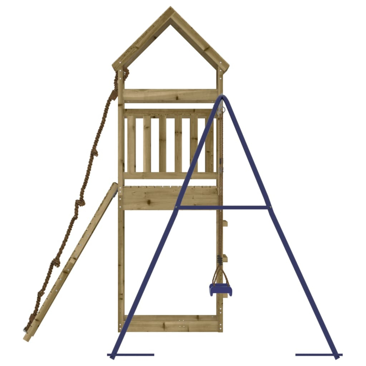 Holzspielturm mit Strickleiter, Rutsche und Schaukel.