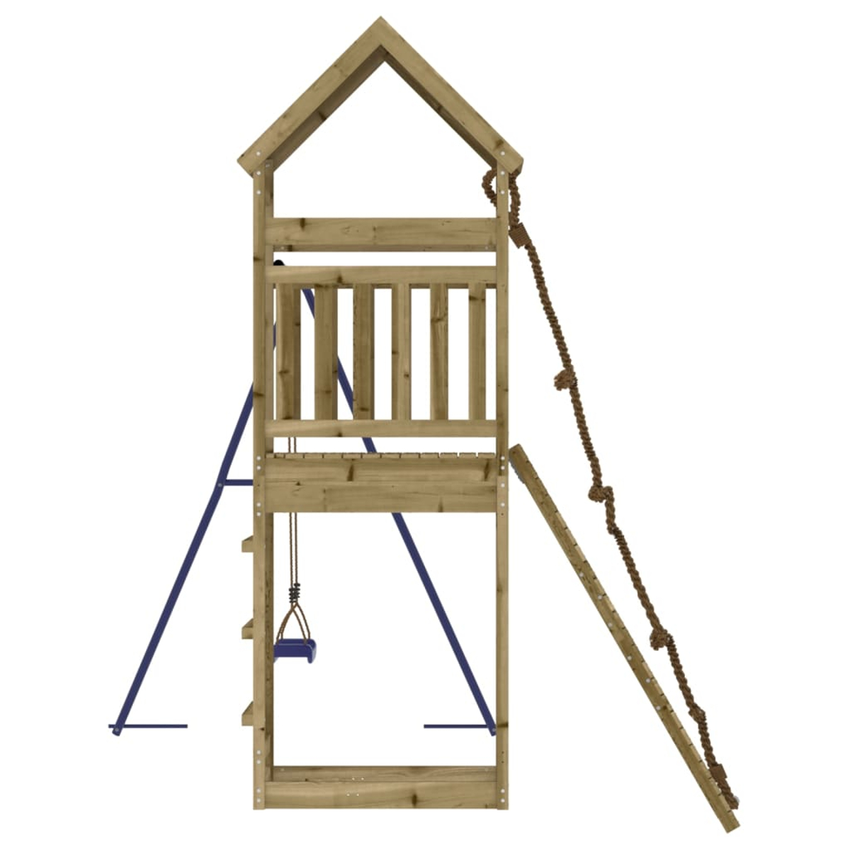 Holzspielturm mit Schaukel, Strickleiter und blauen Stützen.