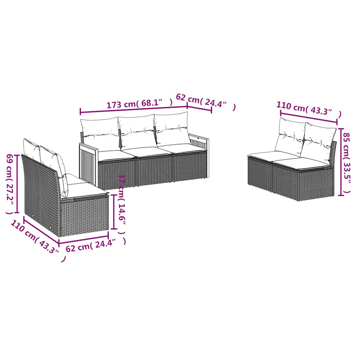 Maße eines modularen Outdoor-Sofas mit Kissen.