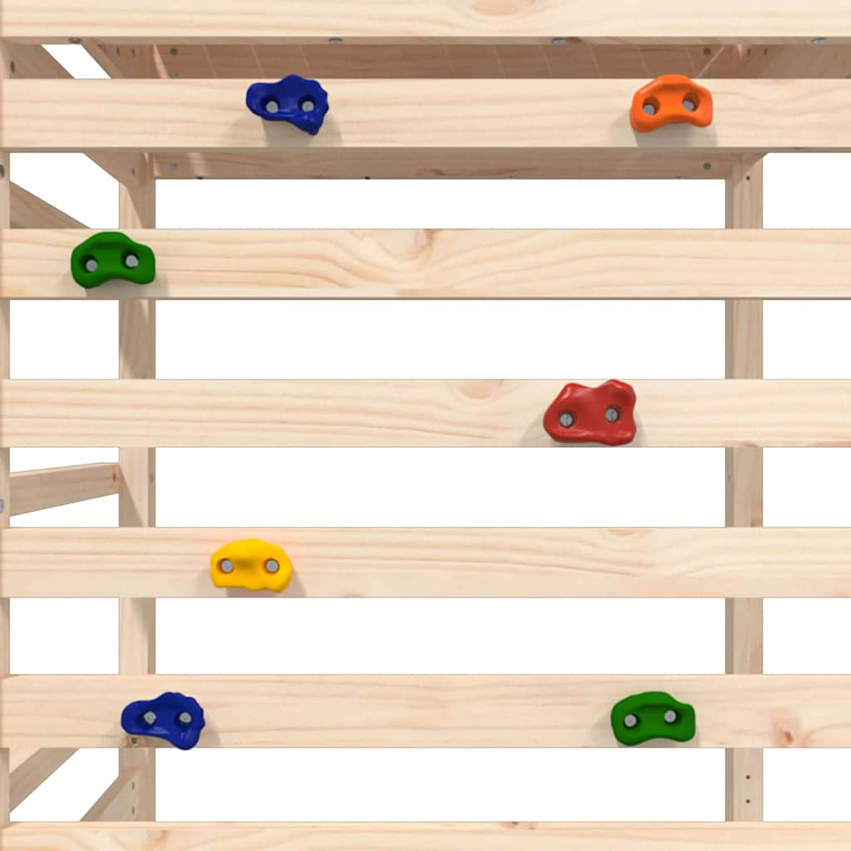 Holzstruktur mit bunten Klettergriffen in Blau, Grün, Rot, Gelb und Orange.