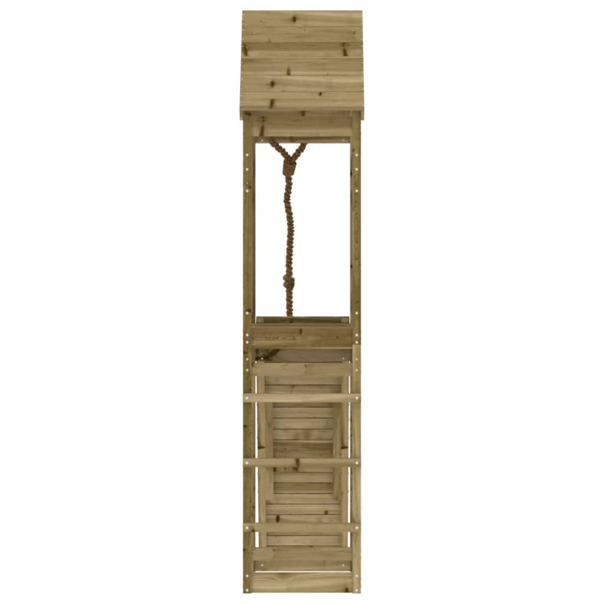 Ein hölzerner Spielturm mit einer Leiter und einem Seil.