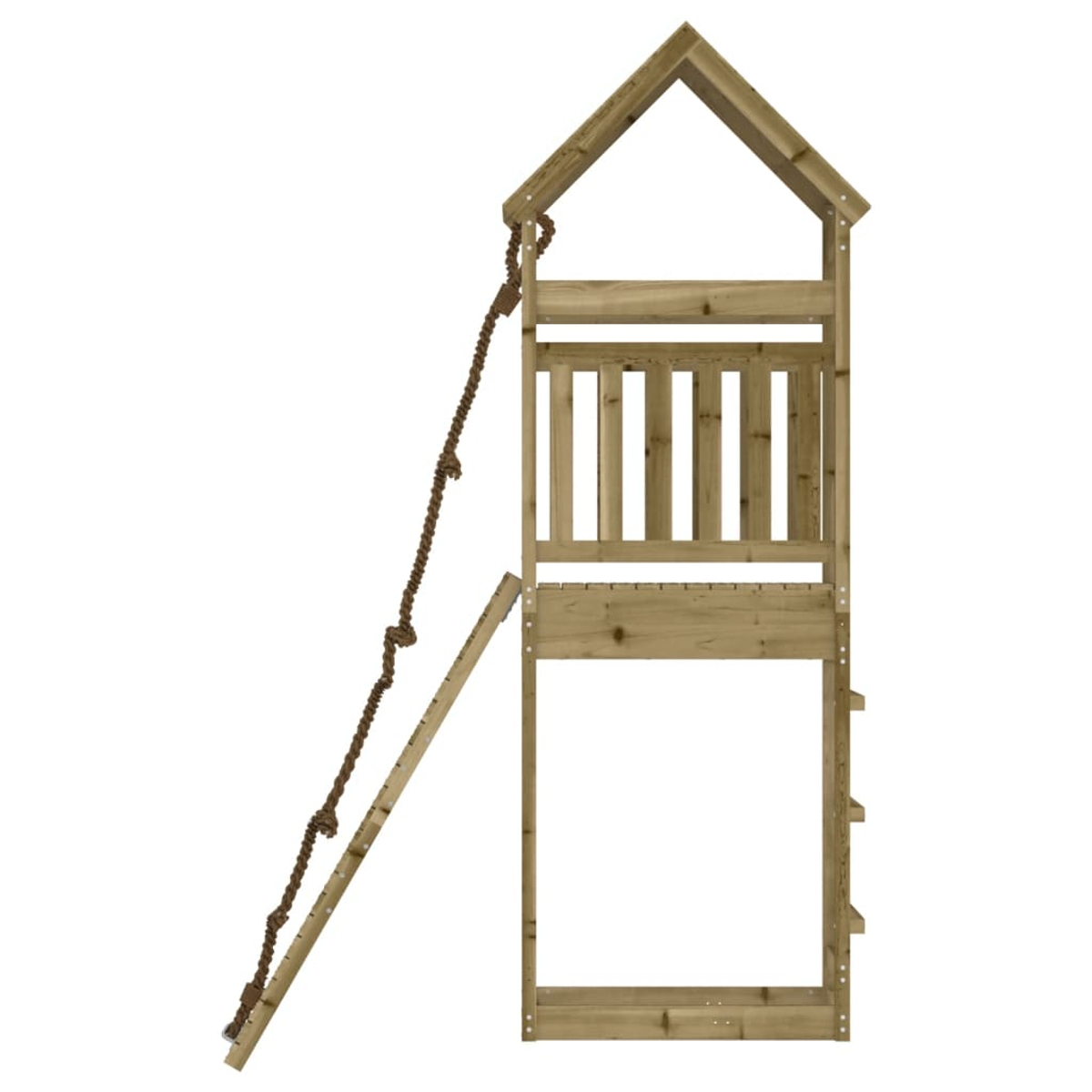 Holzspielturm mit Leiter und Strickleiter. Hausdach und Geländer.