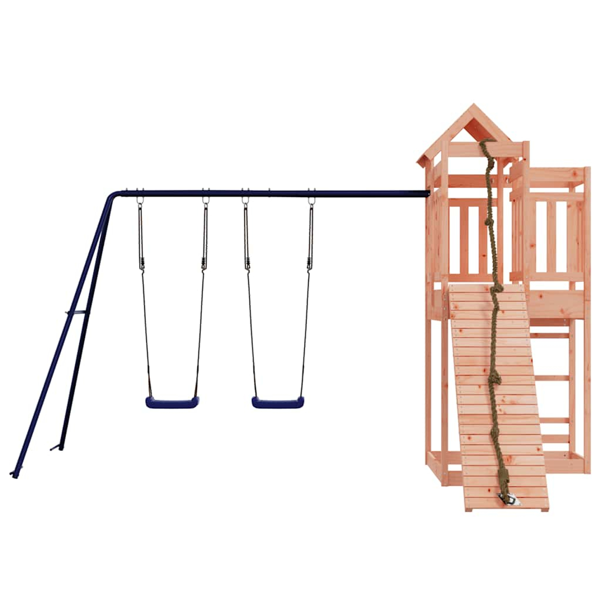 Ein Holz-Spielturm mit Rutsche und Schaukeln, verbunden durch ein blaues Gestell.