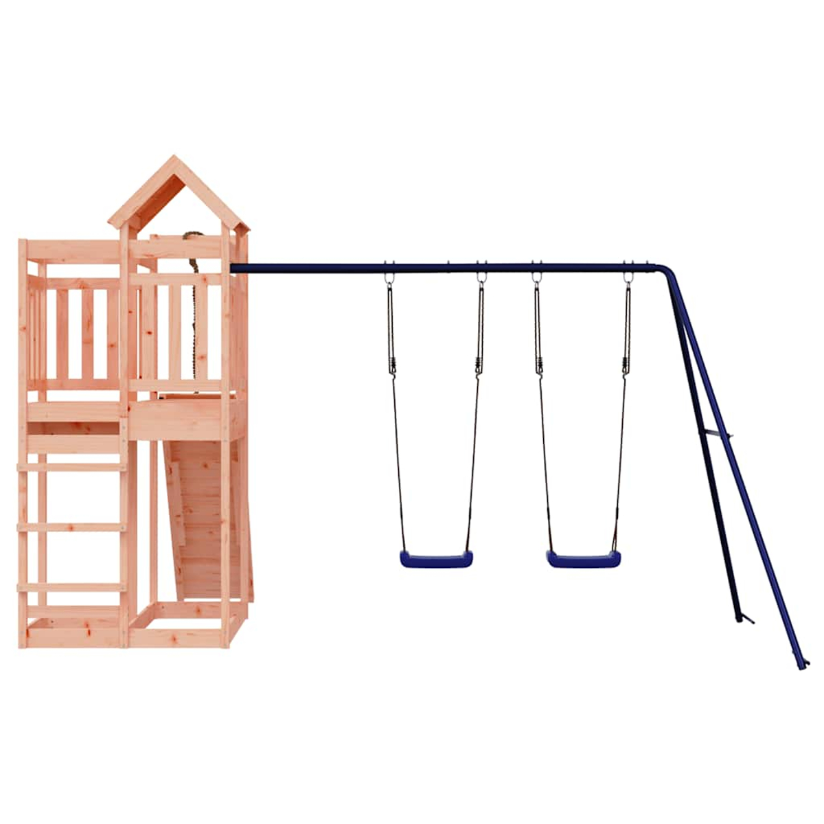 Holz-Spielturm mit Leiter und Rutsche daneben eine blaue Doppelschaukel.