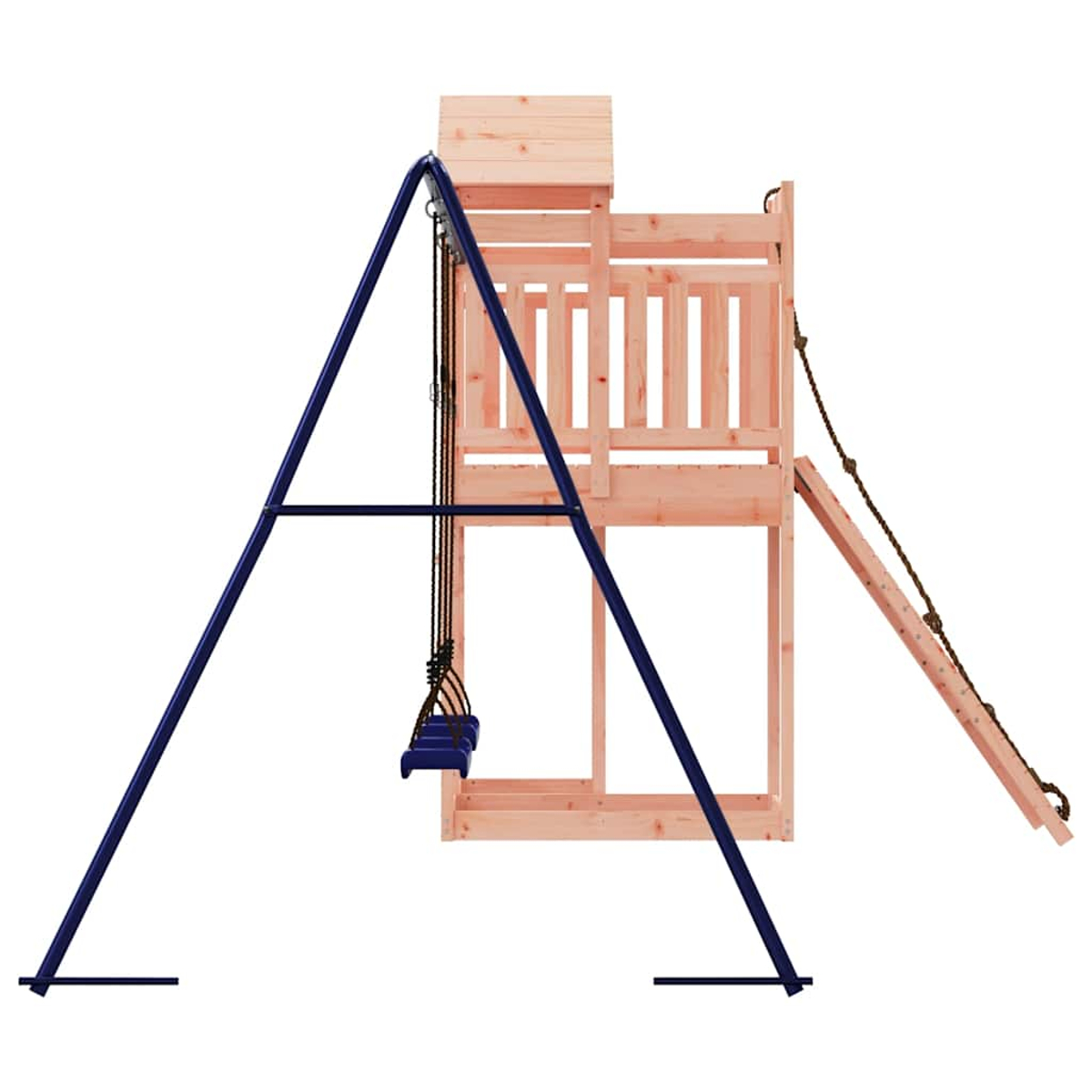 Ein Holz-Spielturm mit Schaukel, Kletterwand und Dach.