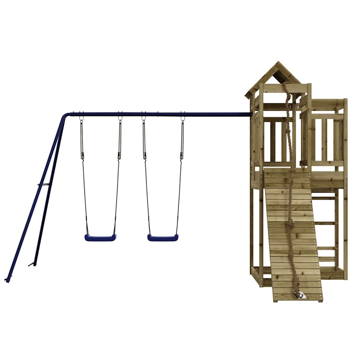 Ein hölzerner Spielplatz mit zwei blauen Schaukeln und einer Kletterrampe mit Seil.