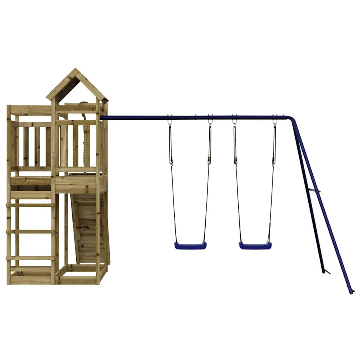 Holzspielturm mit Rutsche, Leiter und zwei blauen Schaukeln auf blauem Gestell.
