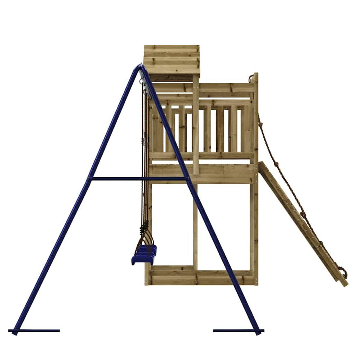 Holzspielturm mit blauem Schaukelgestell und Strickleiter.
