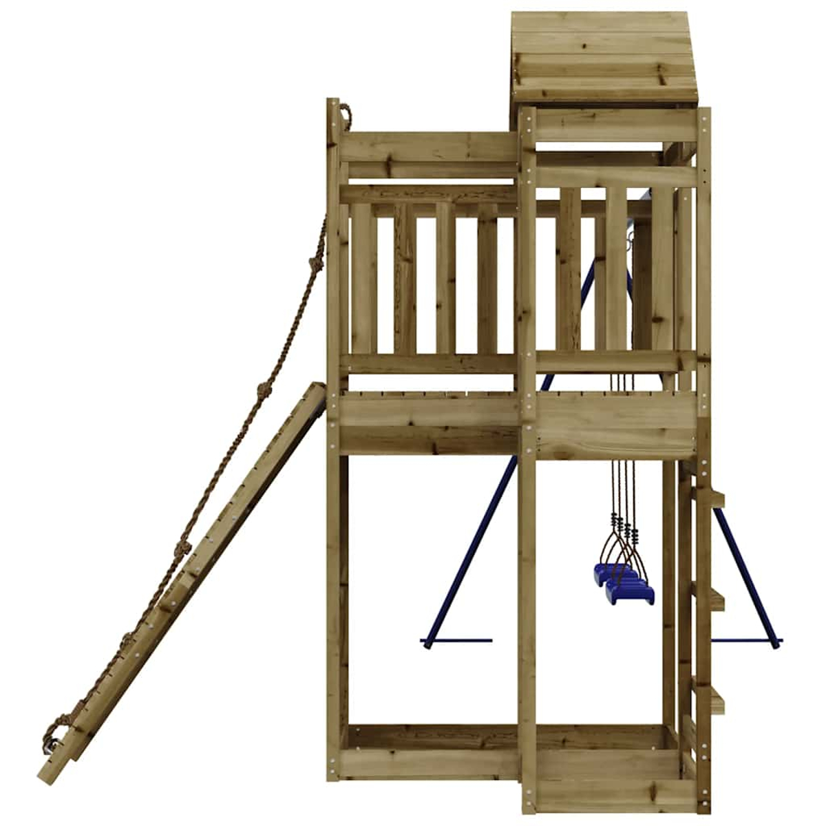 Ein hölzerner Spielturm mit Strickleiter, Rutsche, Schaukeln und Dach.