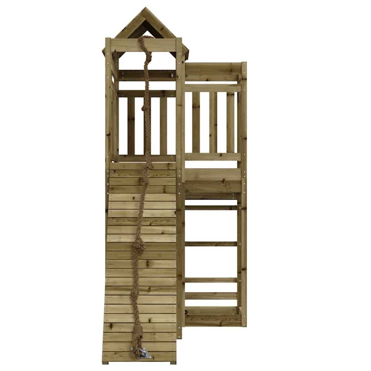 Holzspielturm mit Kletterseil und Leiter
