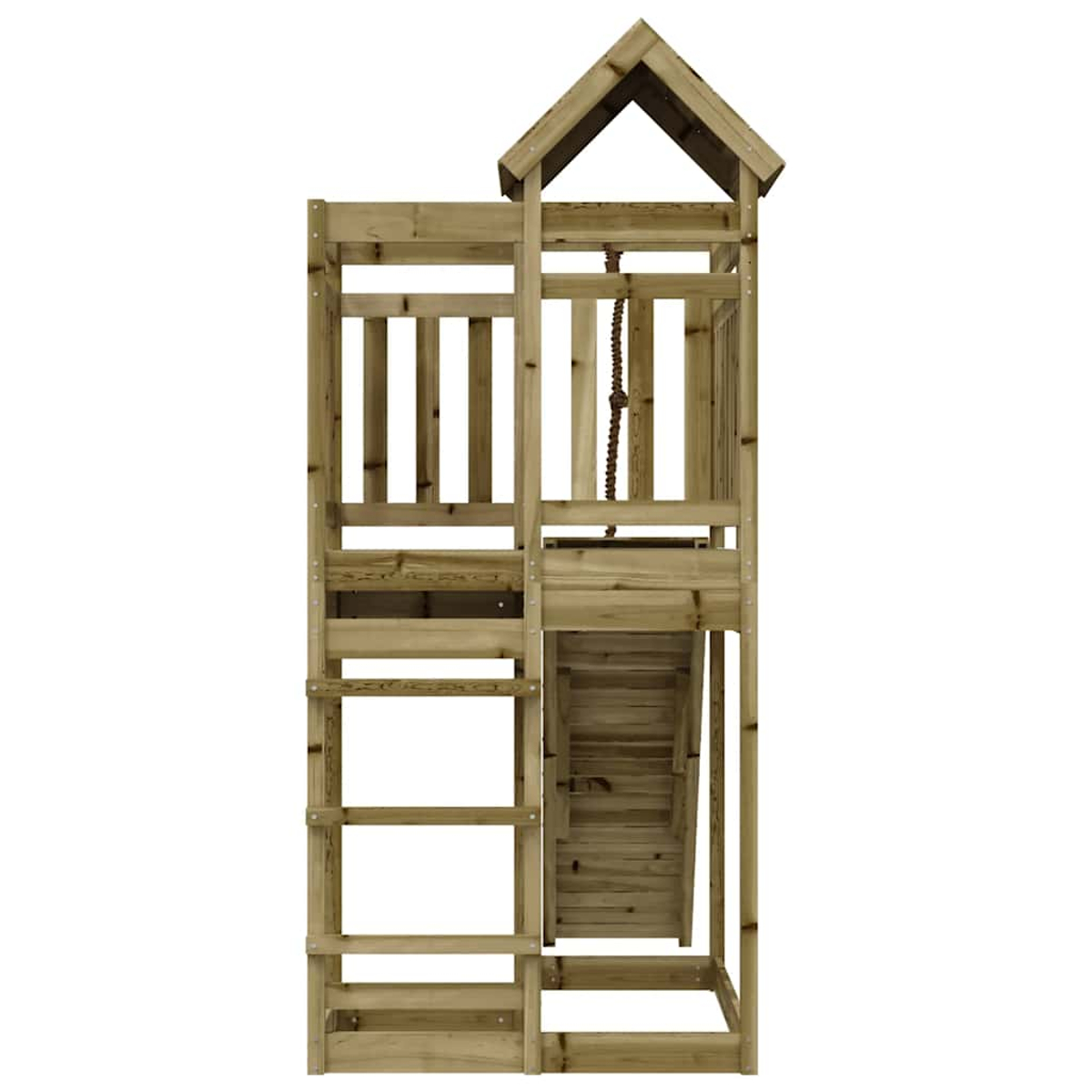 Ein hölzerner Spielturm mit Leiter, Seil und Dach.