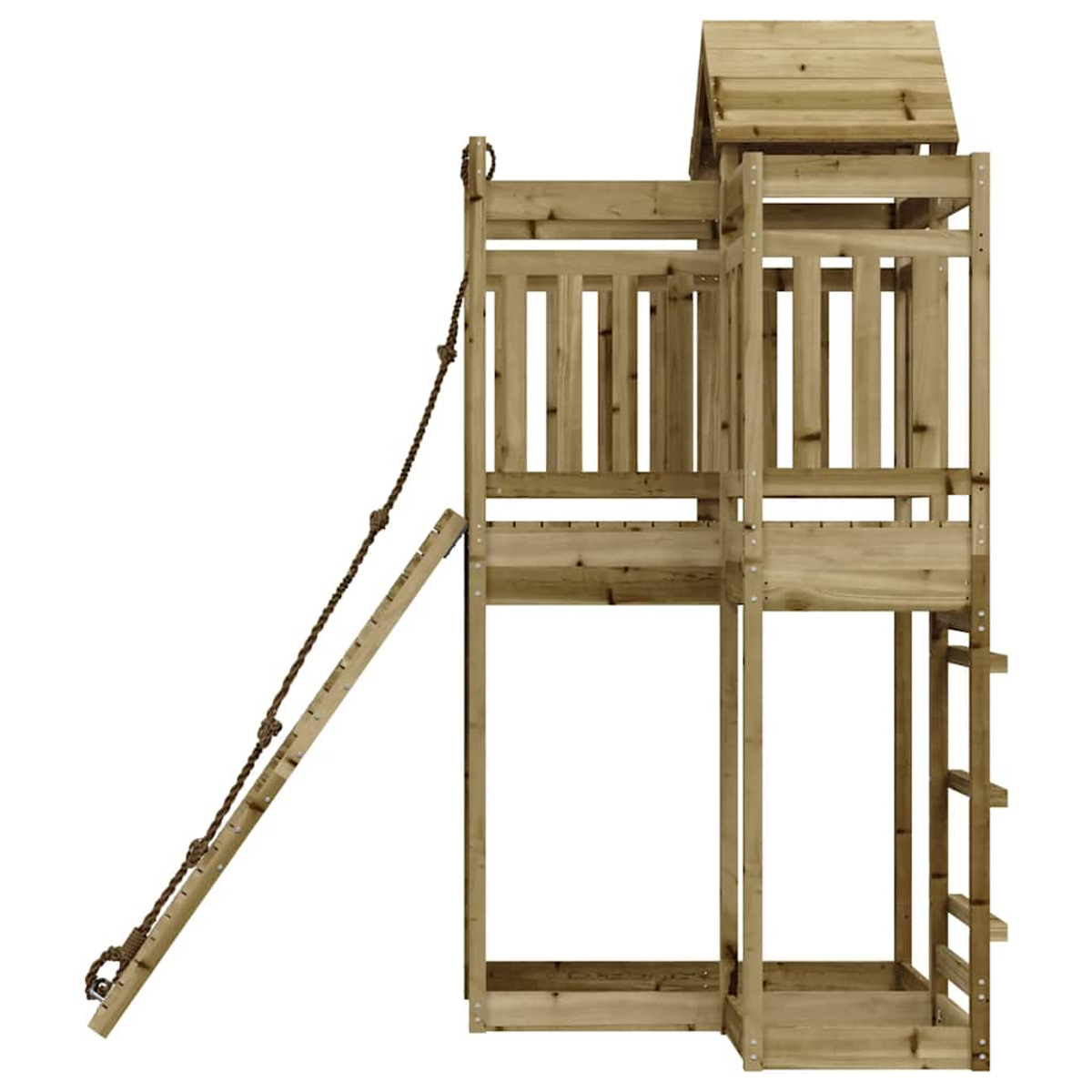 Ein hölzerner Spielturm mit Leiter und Seil, weißer Hintergrund.