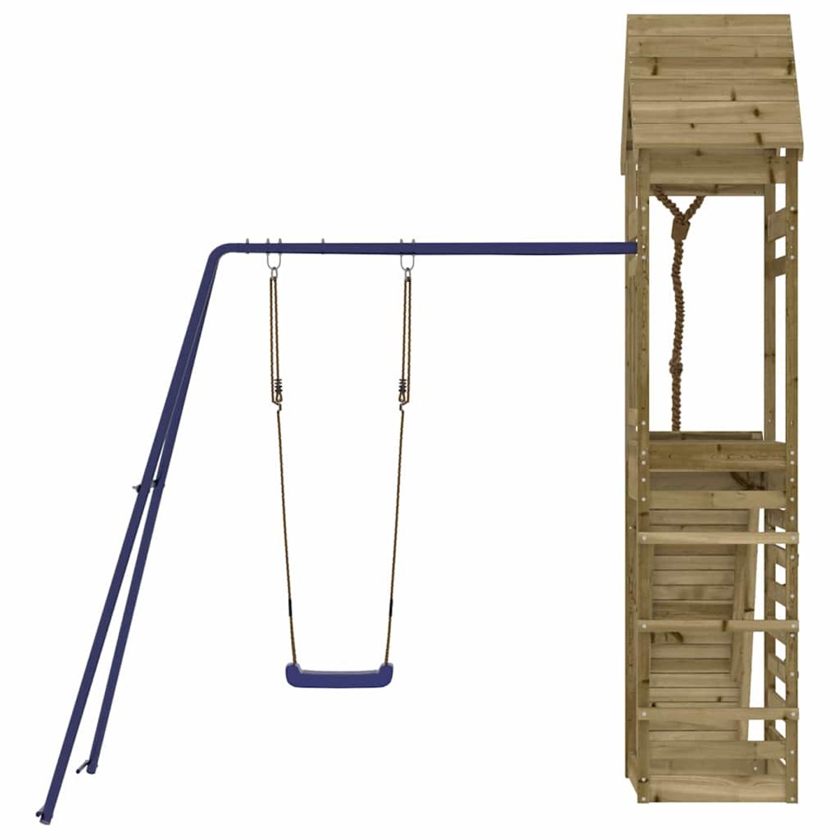 Ein hölzerner Spielturm mit einer blauen Schaukel und einer Strickleiter.