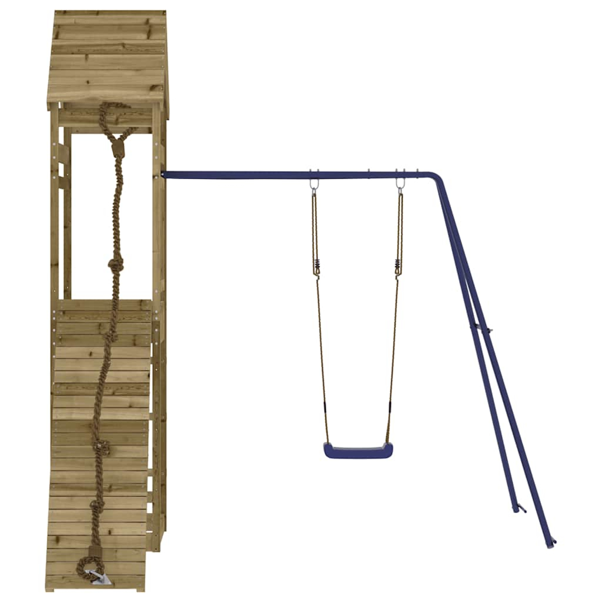 Holzspielturm mit Kletterseil und blauer Schaukel auf blauem Gestell.