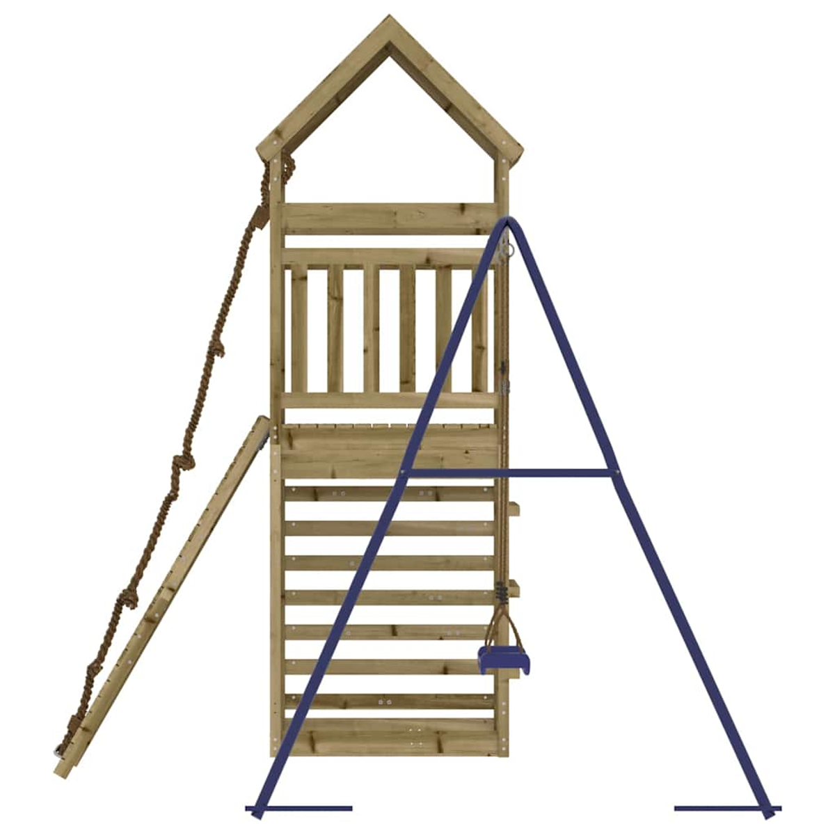 Holzspielturm mit Leiter, Seil und Schaukel auf weißem Hintergrund.