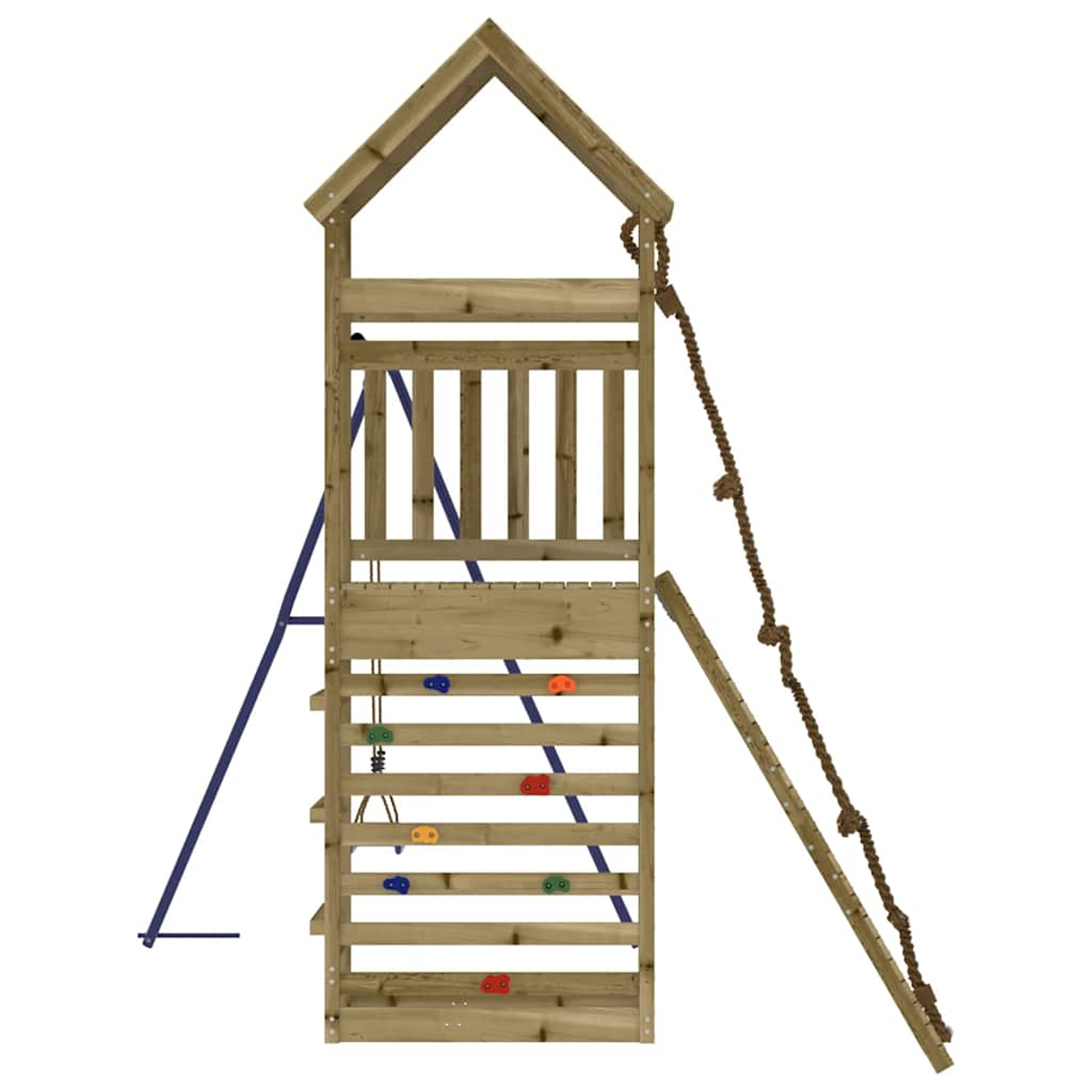 Holz-Klettergerüst mit Sprossenwand, Seil und blaue Stützen.