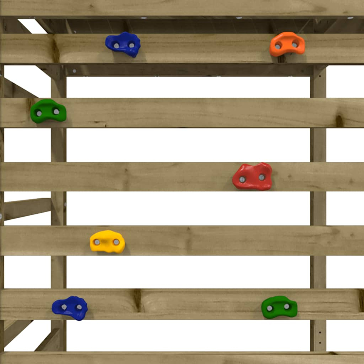 Holzstruktur mit bunten Klettergriffen in Blau, Grün, Rot, Gelb und Orange.
