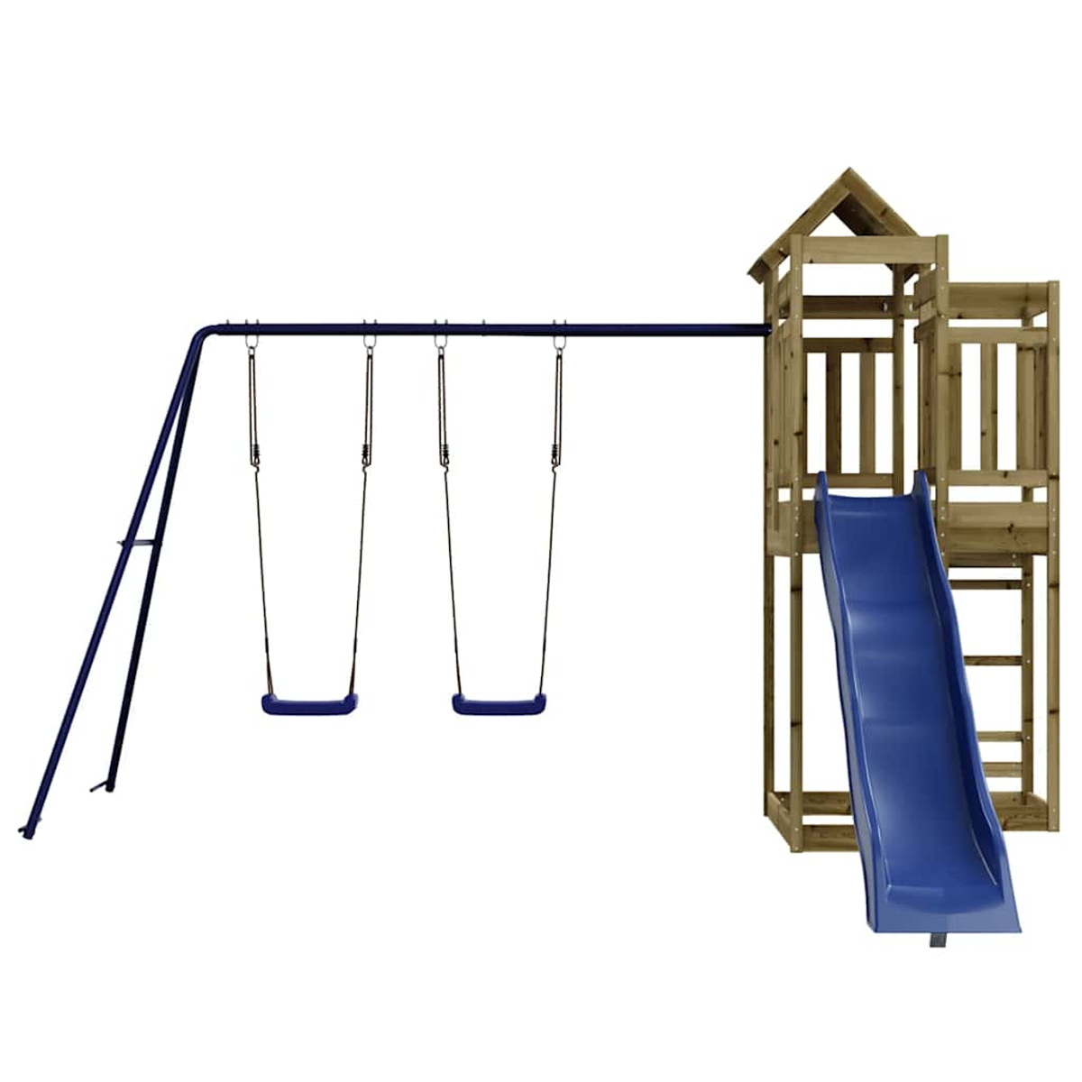 Holzspielturm mit blauem Rutsche, Schaukelgestell und zwei Schaukeln.