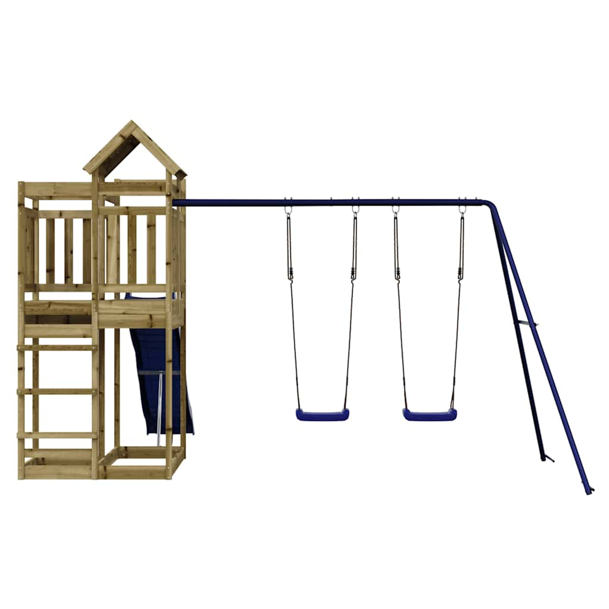 Holzspielturm mit Schaukelgestell und zwei blauen Schaukelsitzen.