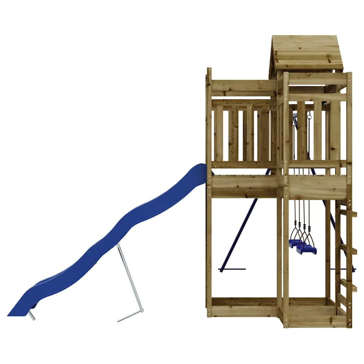 Holzspielturm mit blauer Rutsche, Schaukeln und Leiter. Weißer Hintergrund.
