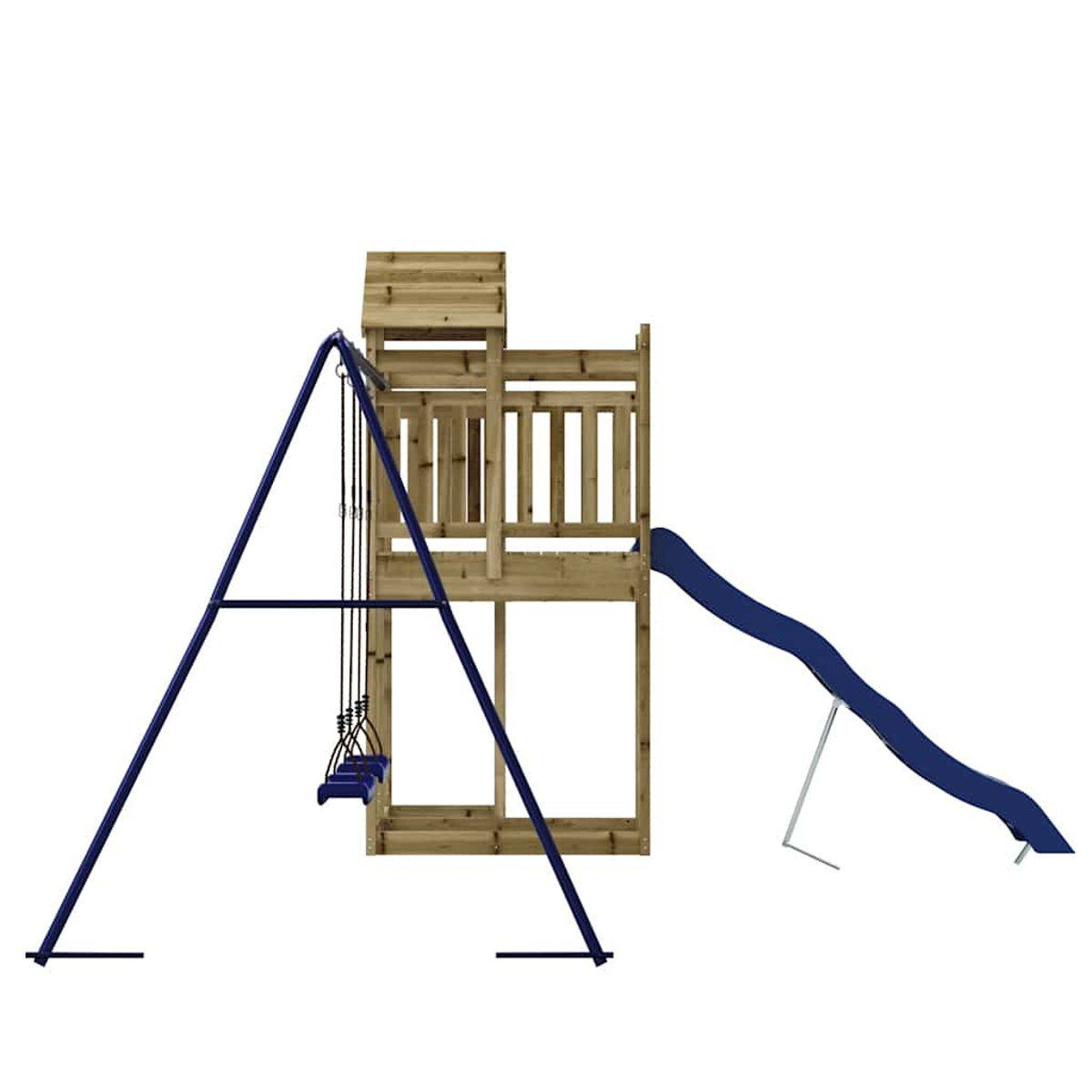 Holzspielturm mit blauer Rutsche und Schaukelgestell auf weißem Hintergrund.