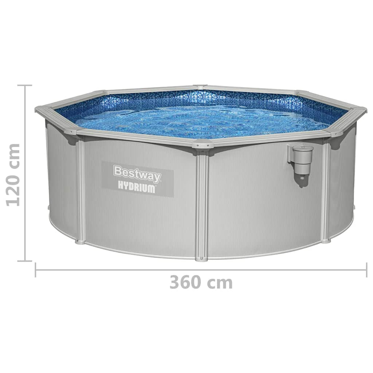 Achteckiger Bestway Hydrium Pool, 360 cm breit, 120 cm hoch, mit blau gefliester Innenseite.