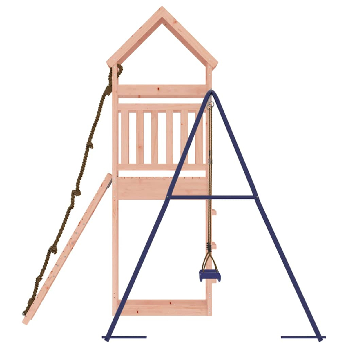Holzspielturm mit Leiter, Kletterseil und Schaukel auf weißem Hintergrund.