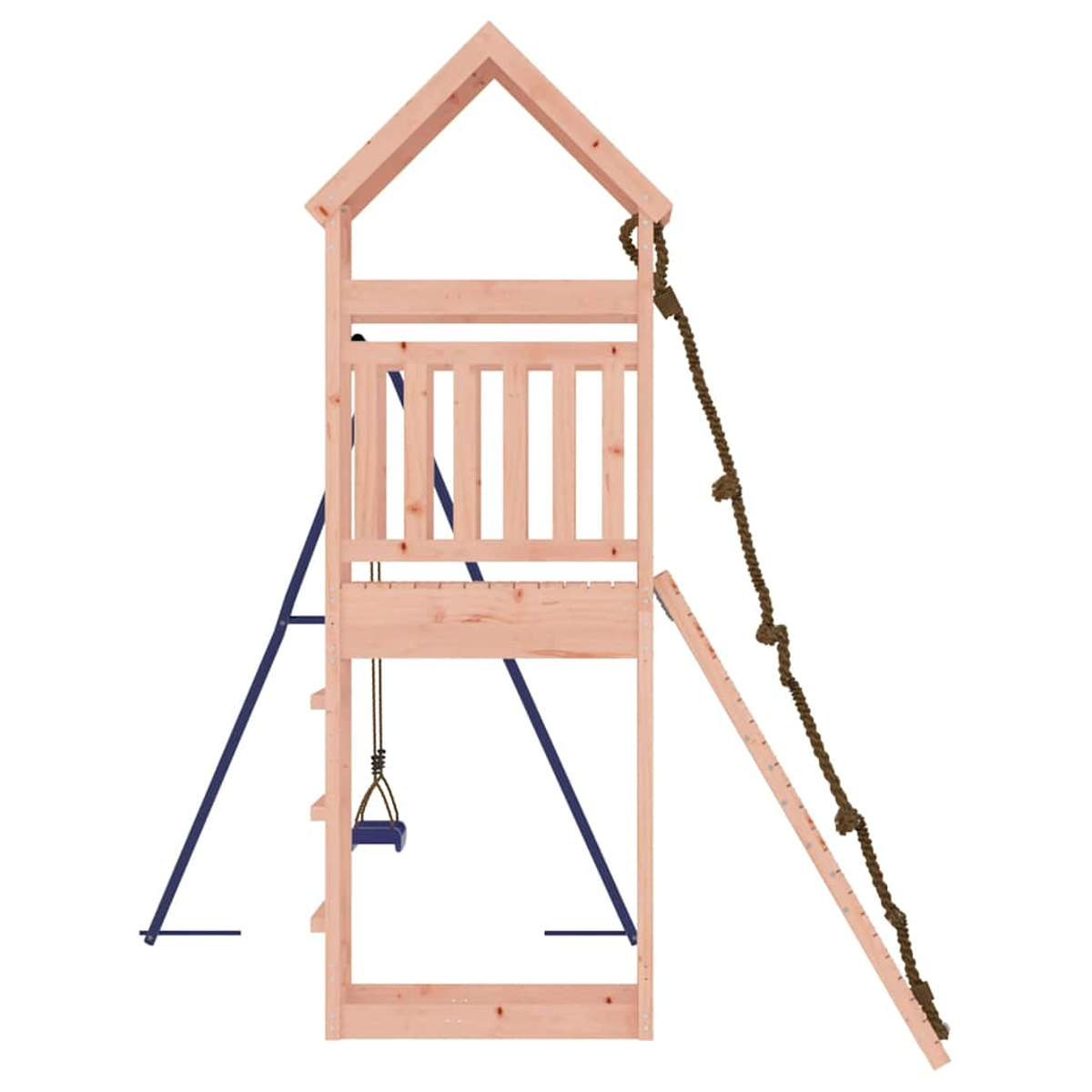 Holz-Spielturm mit Schaukel, Strickleiter und Rutsche.