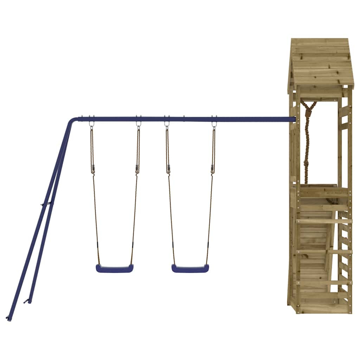 Ein Spielturm mit Schaukeln und einer Rutsche vor weißem Hintergrund.