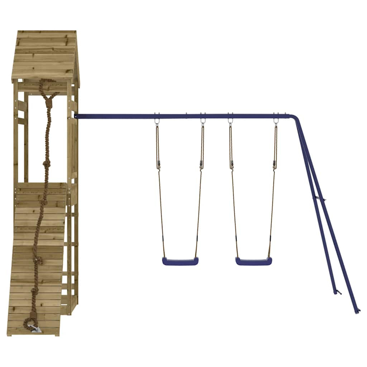 Holzspielhaus mit Strickleiter neben einer blauen Schaukel mit zwei blauen Schwingen.