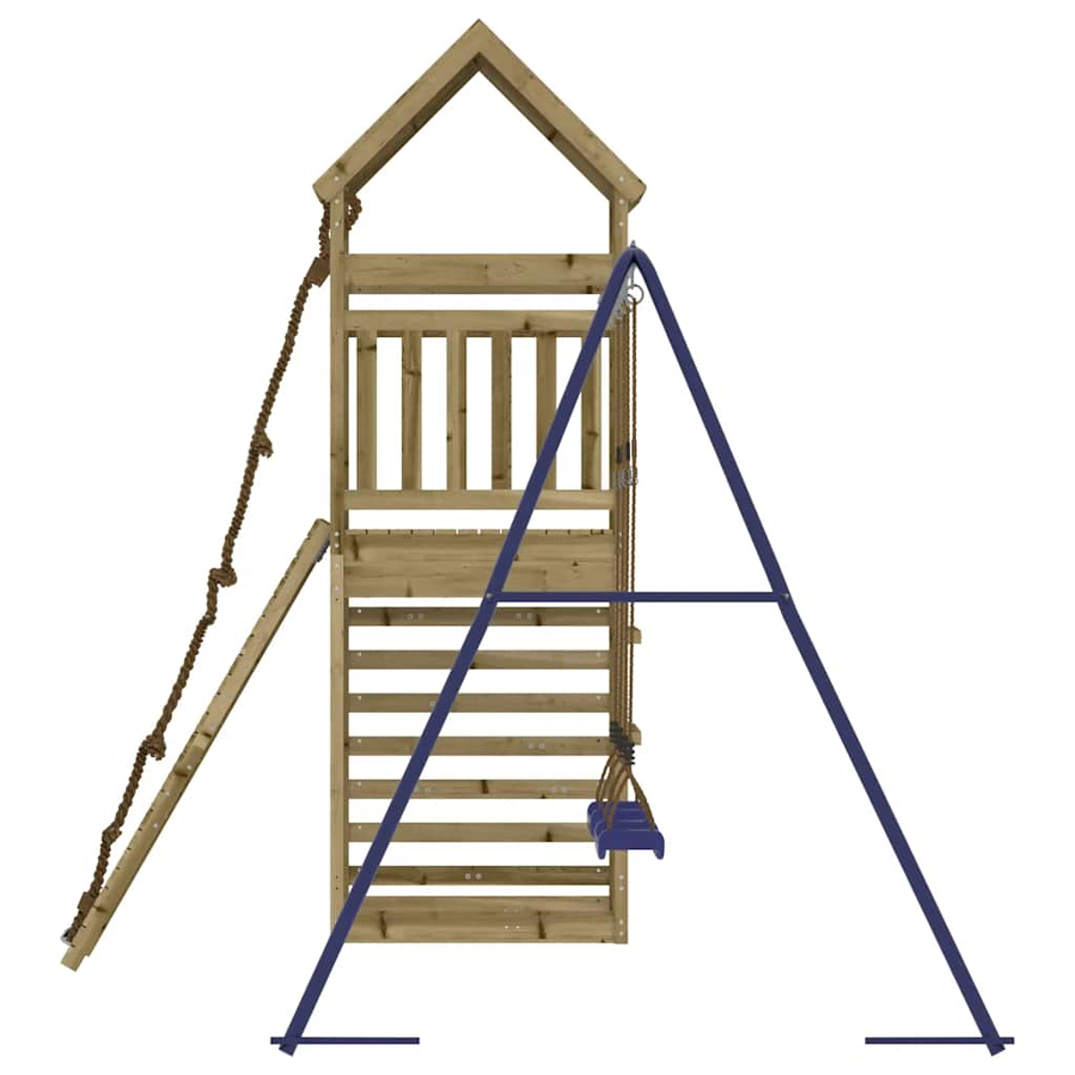 Holzspielhaus mit Rutsche, Strickleiter und blauer Schaukel auf weißem Grund.