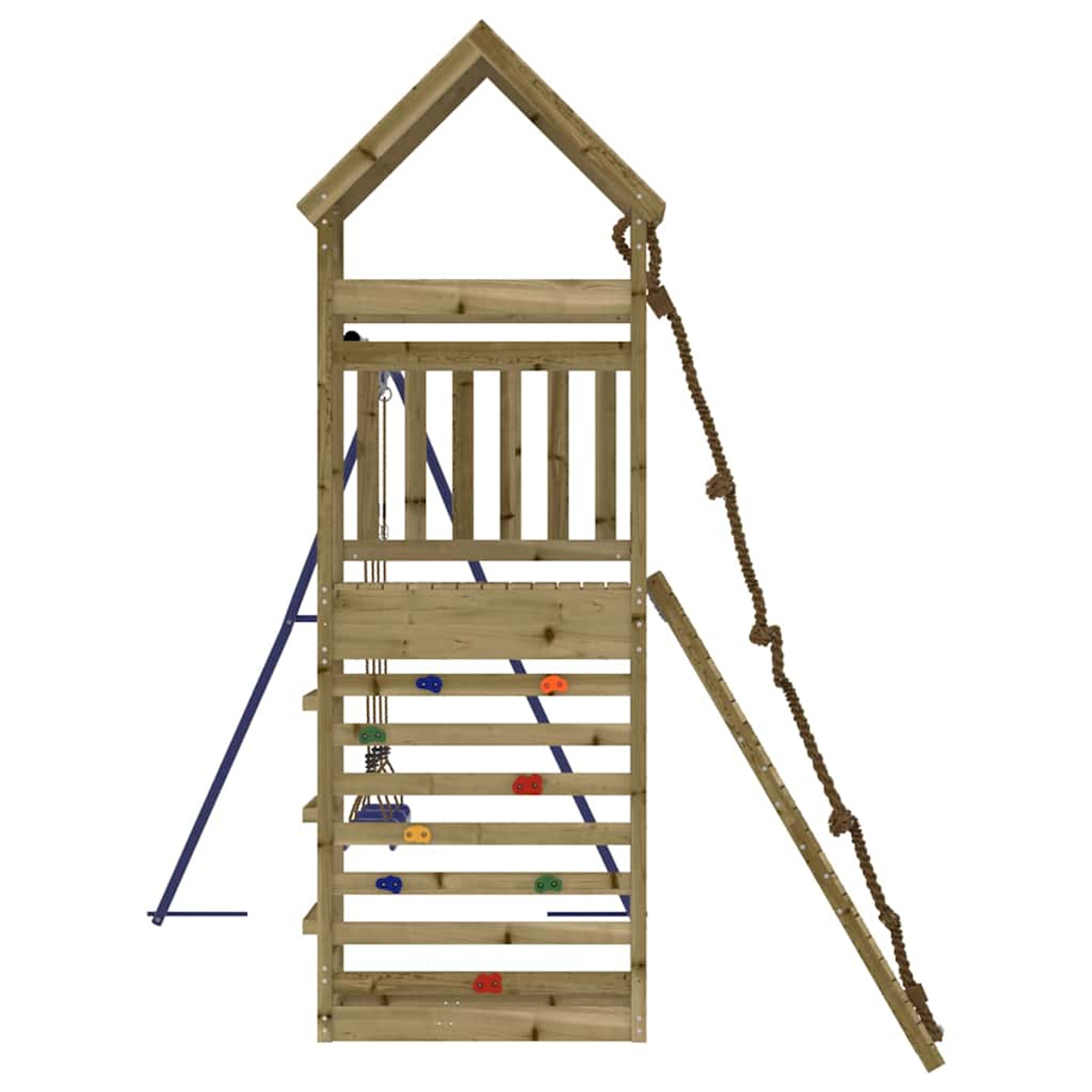 Holz-Klettergerüst mit Farbgriffen, Seil und Leiter.