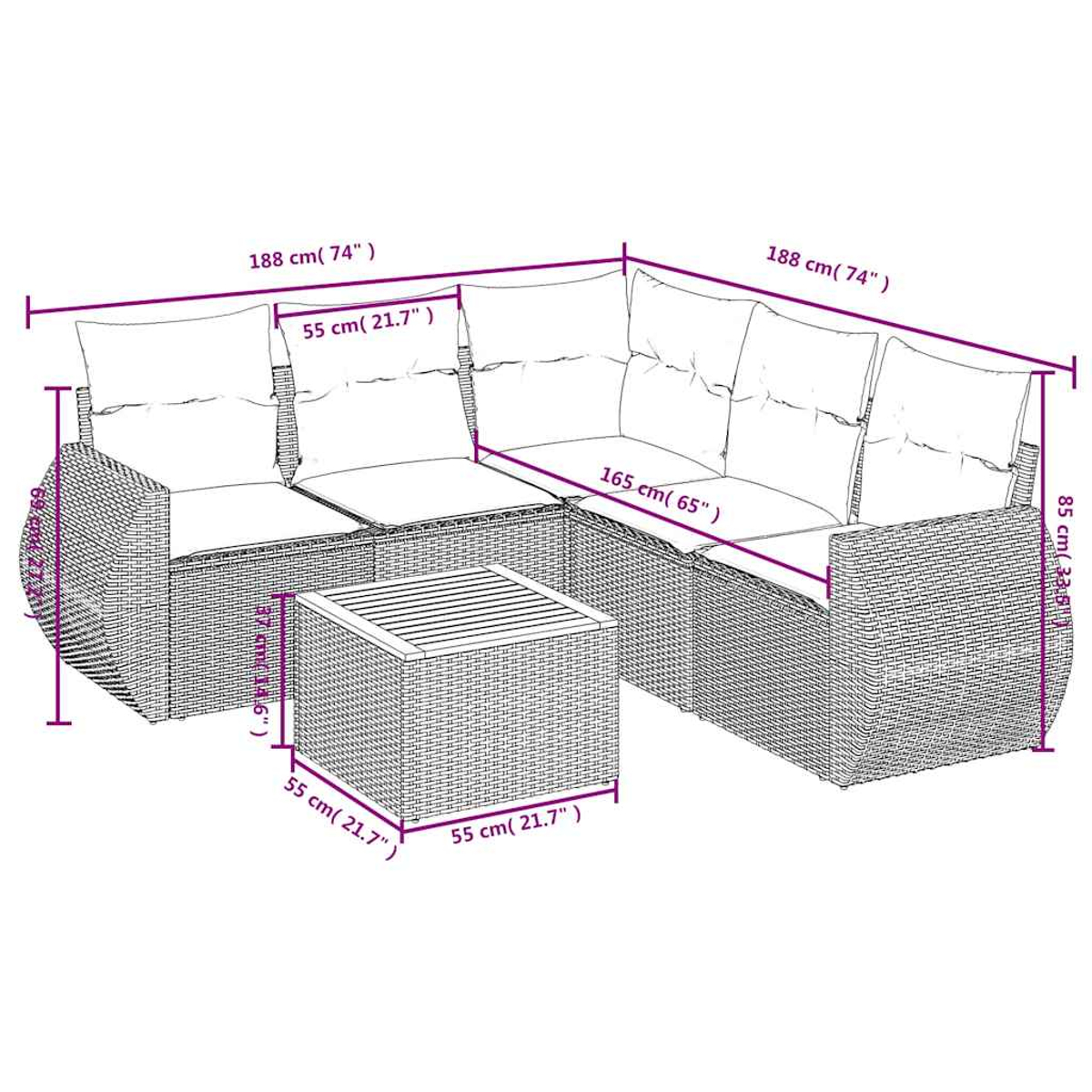 Graue Rattan-Lounge-Möbel mit weißen Kissen und einem Tisch.
